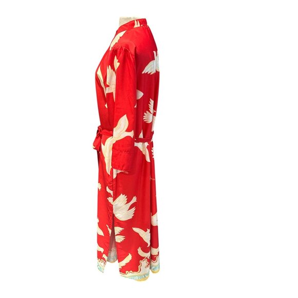 Red Long-Sleeve Bird Print Maxi Dress By Modaposa Button-Front With Tie Waist Wo - Picture 2 of 10